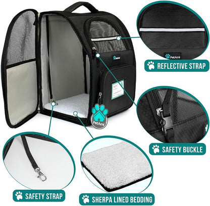 Dog Backpack Carrier for Small Medium Dogs Large Cats up to 18 Lbs, 2 Side Entry, Structured No-Collapse Frame, Airline Approved Ventilated Pet Backpack for Hiking Camping Travel Vet, Black