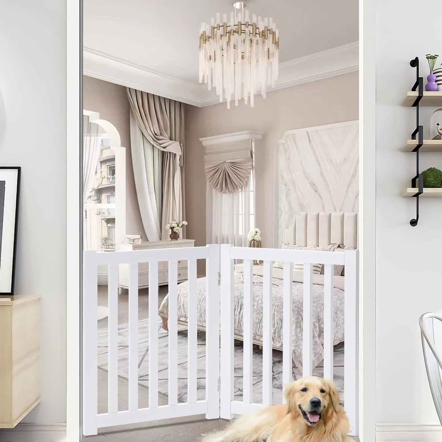 Elegant 2-Panel Wooden Foldable Dog Gate – 24" High Safety Barrier for Doorways & Stairs – Durable Solid Hardwood in White Finish