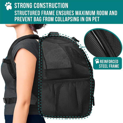 Dog Backpack Carrier for Small Medium Dogs Large Cats up to 18 Lbs, 2 Side Entry, Structured No-Collapse Frame, Airline Approved Ventilated Pet Backpack for Hiking Camping Travel Vet, Black